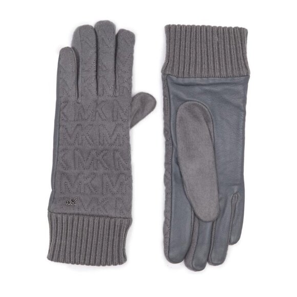 Michael Kors Logo Womens Gray Quilted Knit Leather Trim Gloves Sz M New - Picture 1 of 5
